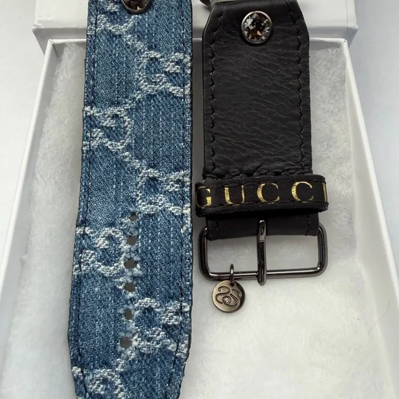 Authentic Upcycled Denim GG /Black Leather J/H with Gucci Ribbon Keeper, size 3 - Picture 3 of 4